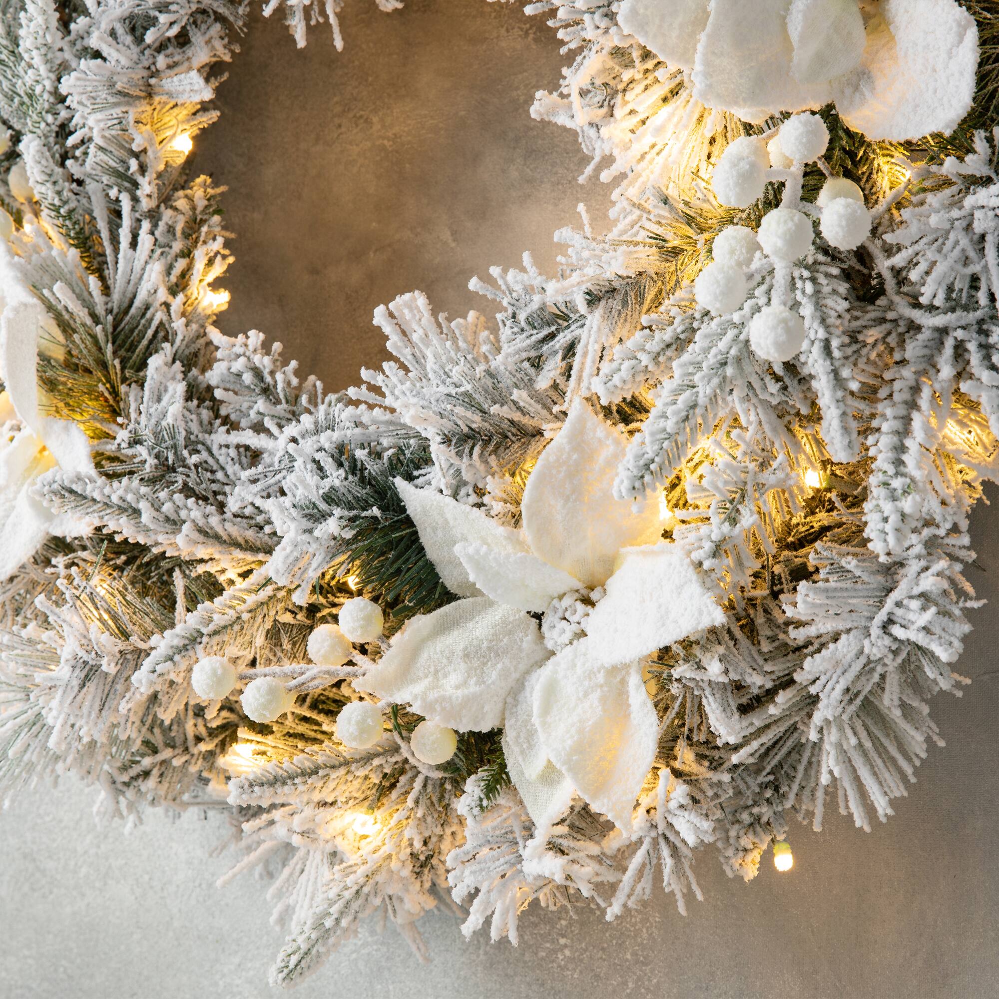 Glitzhome® 24" Pre-Lit Snow Flocked Greenery Pine Poinsettia Christmas Wreath & Matched 2 Pack 9ft. Garland Set